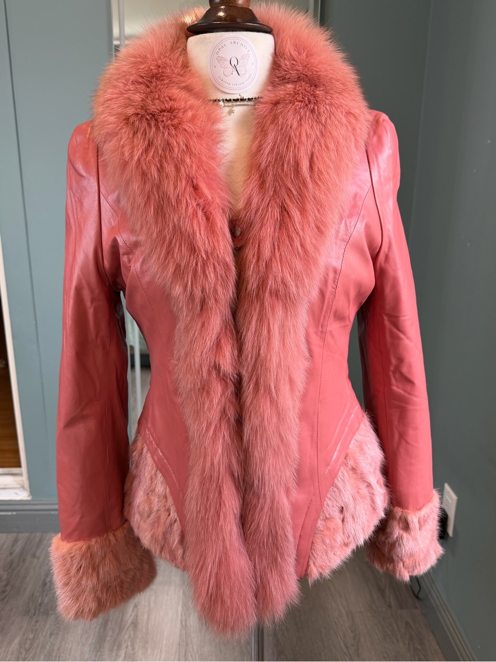 Vintage Pink Lambskin Leather Fox Fur Mink Trim Fitted Jacket Y2K S/M